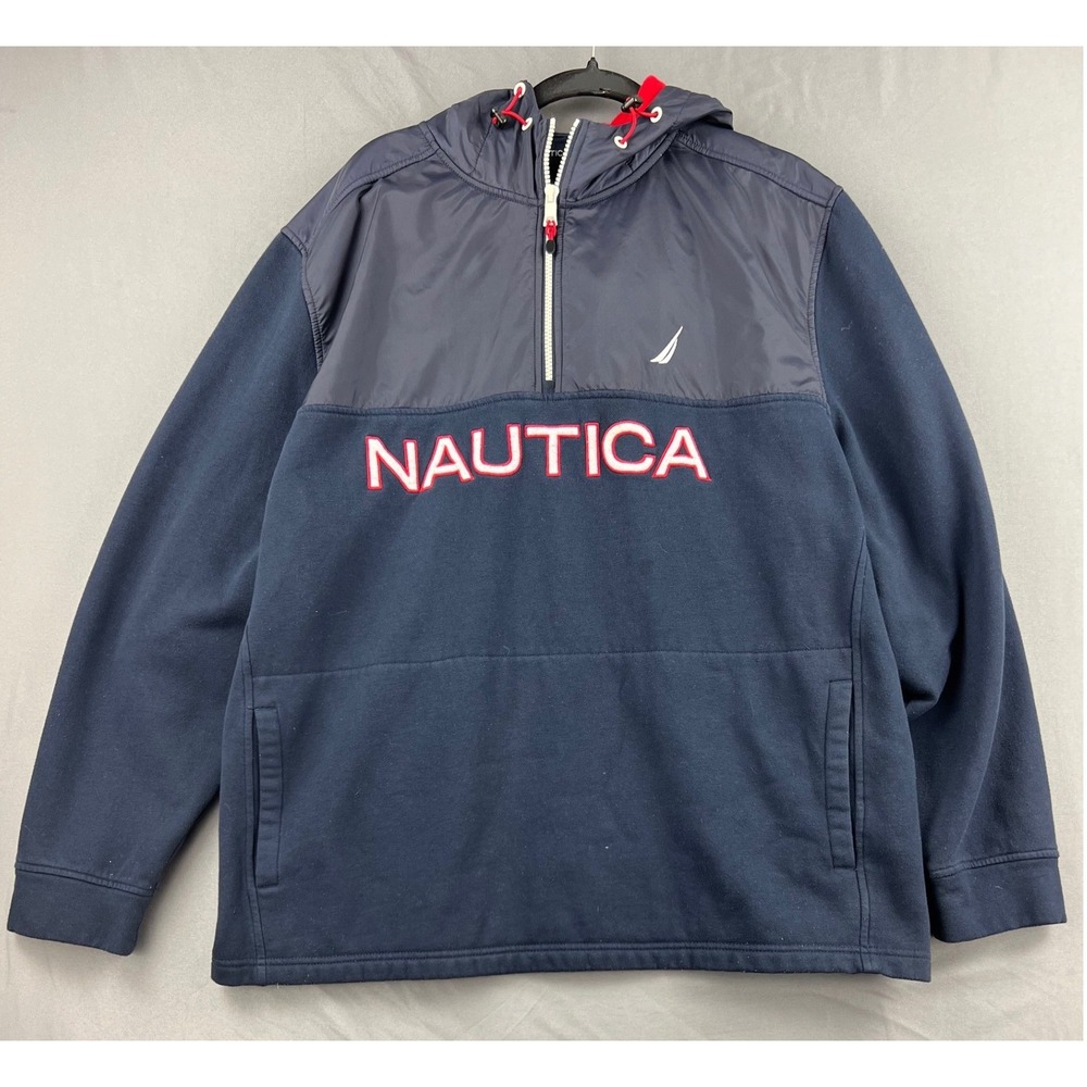 Nautica Hoodie Mens XXL 1/4 Zip Pullover Navy Blue Nylon Trim Fleece Good